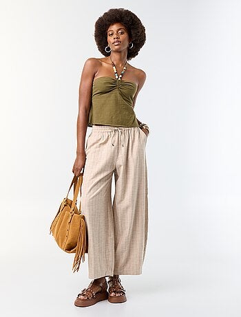 Pantalon large taille haute en lin mélangé