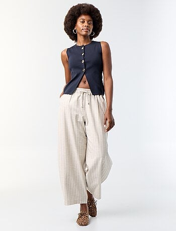 Pantalon large taille haute en lin mélangé