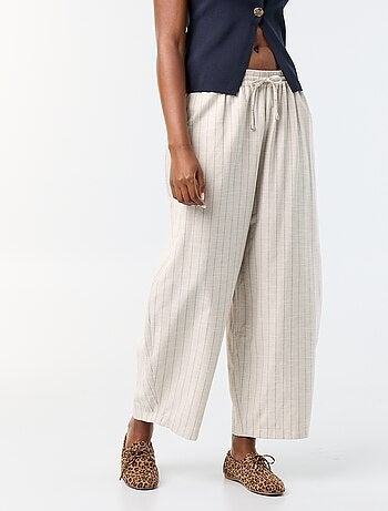 Pantalon large taille haute en lin mélangé