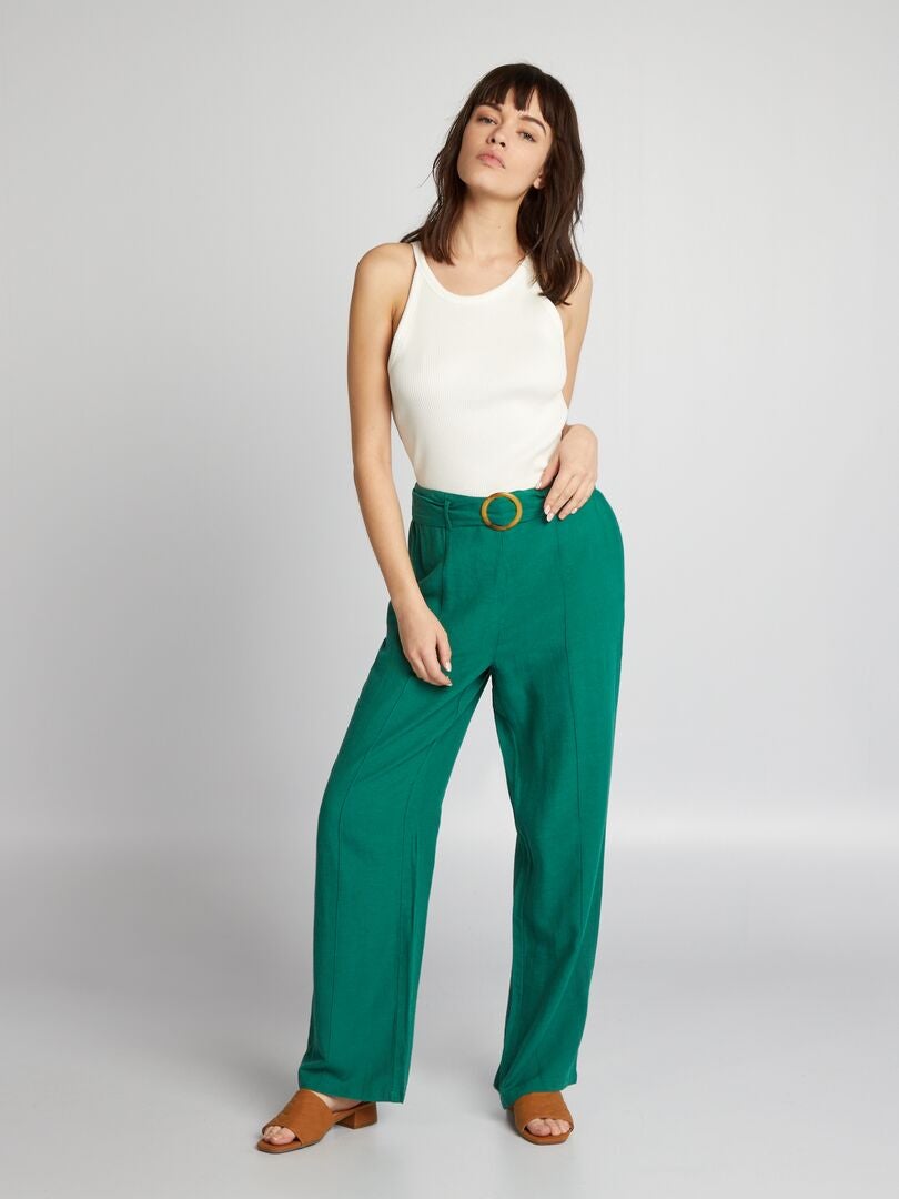 Pantalon large en lin épais à taille haute Vert