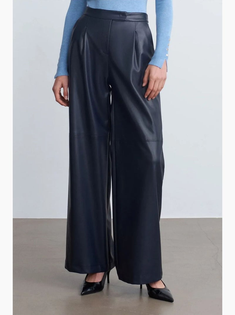 Pantalon large taille haute en simili cuir dilvin Bleu marine - Kiabi