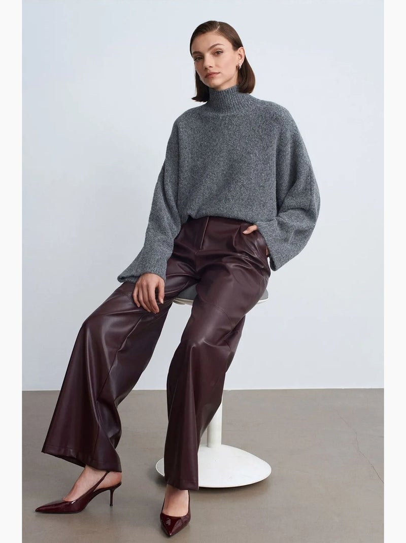 Pantalon large taille haute en simili cuir dilvin Rouge bordeaux - Kiabi
