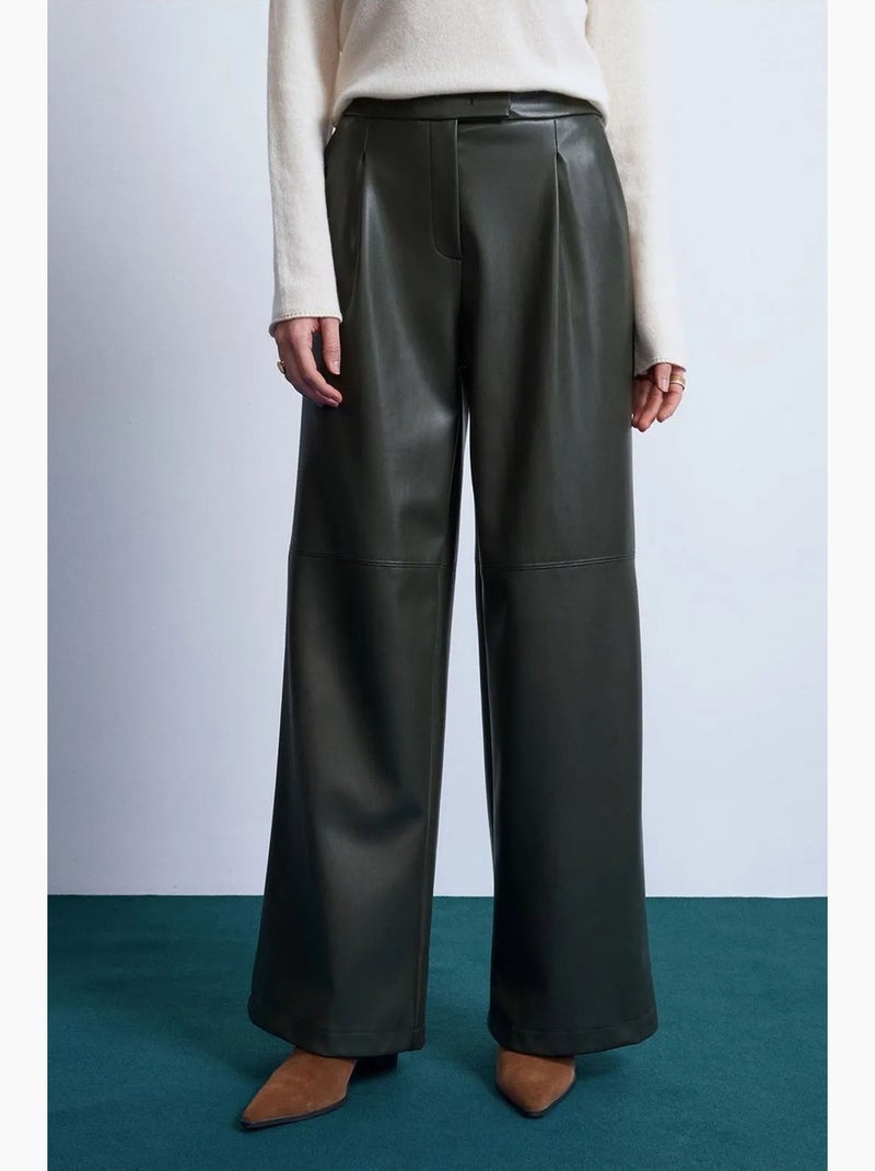Pantalon large taille haute en simili cuir dilvin Vert foncé - Kiabi
