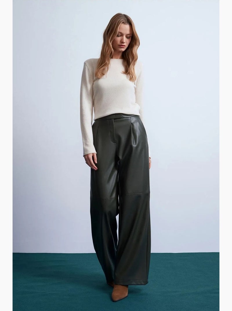 Pantalon large taille haute en simili cuir dilvin Vert foncé - Kiabi