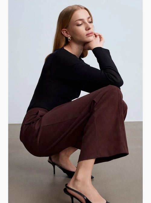 Pantalon large taille haute en suédine dilvin - Kiabi Pantalon large taille haute en suédine dilvin - Kiabi