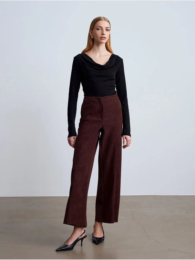 Pantalon large taille haute en suédine dilvin Marron foncé - Kiabi