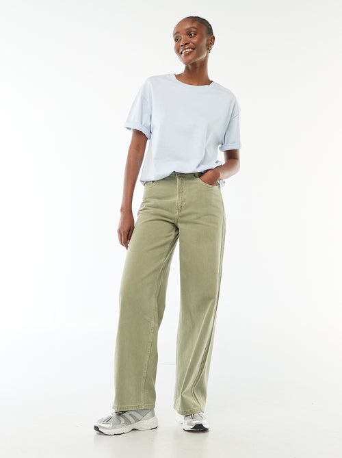 Pantalon large taille haute femme en twill - Kiabi