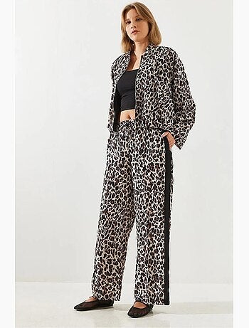 Pantalon large taille haute imprimé léopard lucci