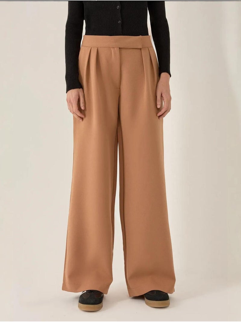 Pantalon large taille haute Marron - Kiabi
