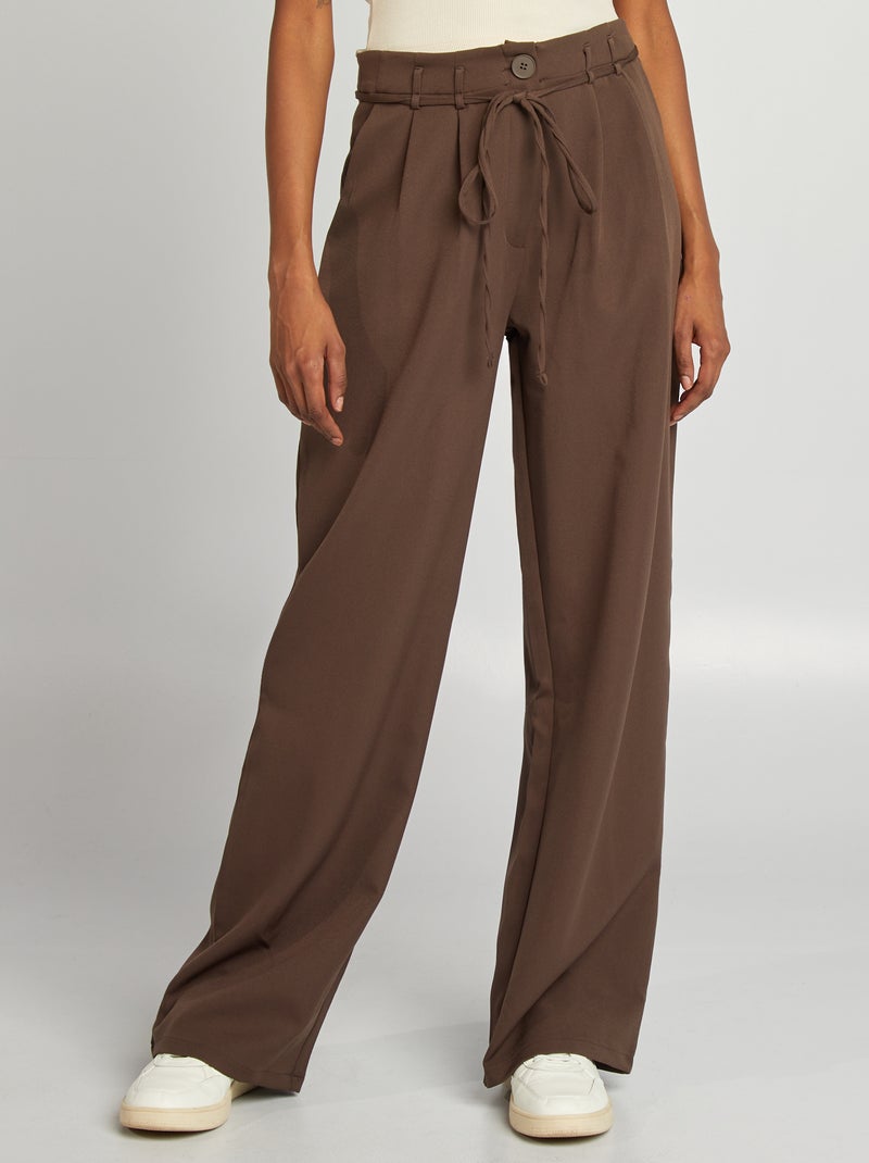 Pantalon large uni avec ceinture Marron - Kiabi
