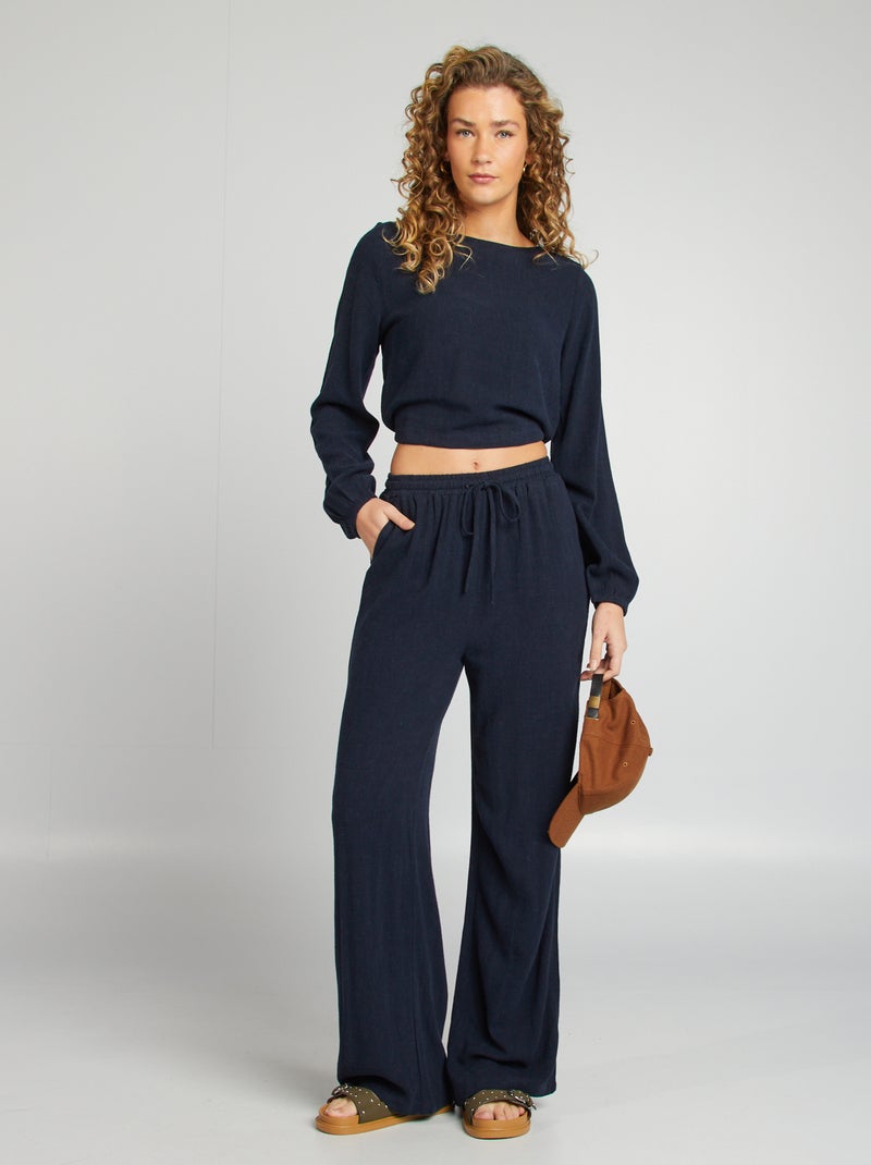 Pantalon large uni Marine - Kiabi