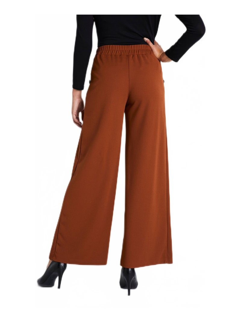 Pantalon large uni taille élastiquée dos Marron - Kiabi
