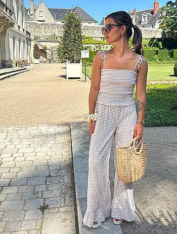 Pantalon large vichy volanté