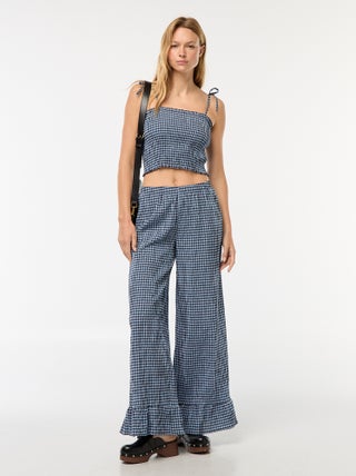 Pantalon large vichy volanté