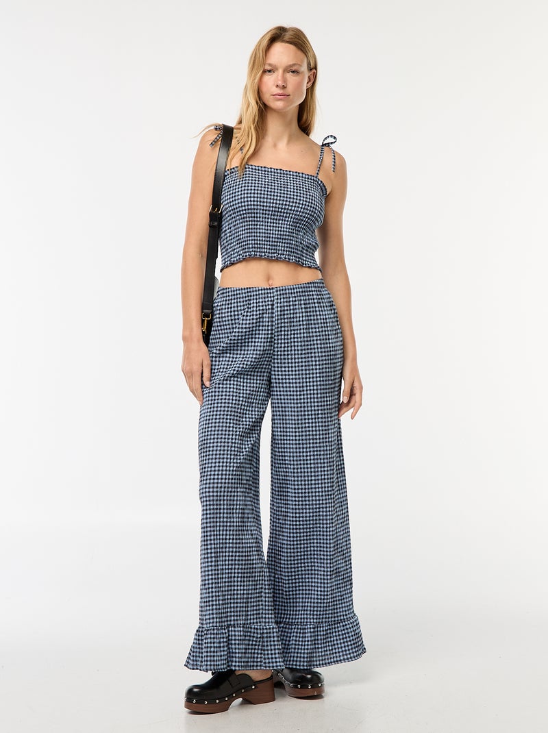 Pantalon large vichy volanté Bleu - Kiabi