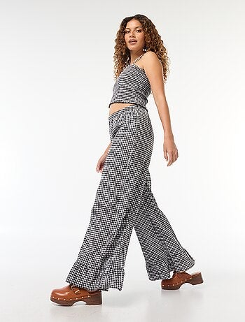Pantalon large vichy volanté