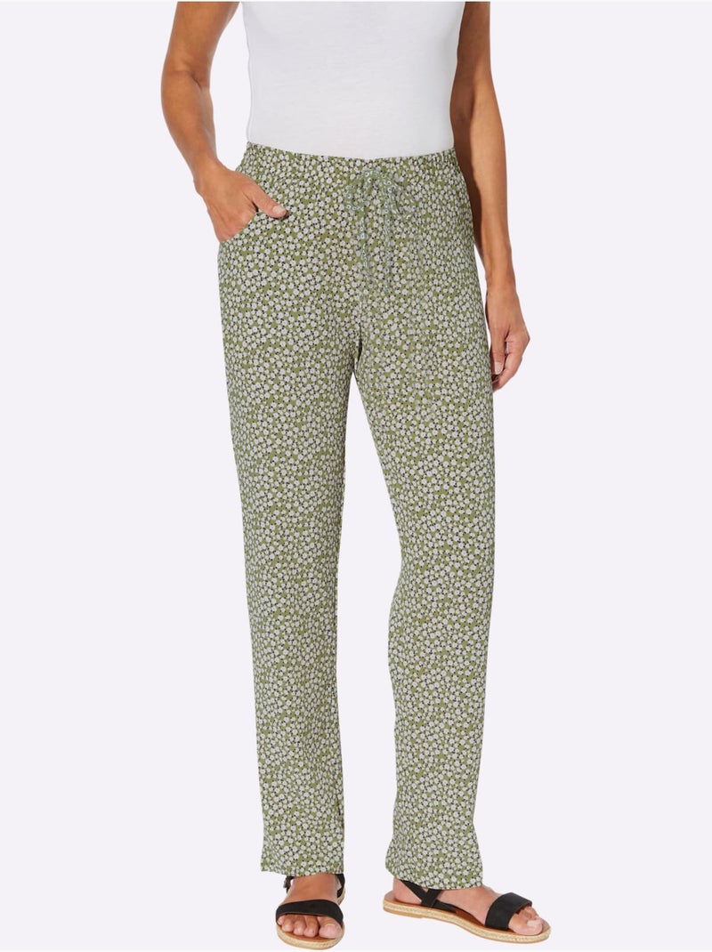 Pantalon léger à imprimé floral et uni avec ceinture élastique - Taille standard - Moda Vilona Blanc Vert - Kiabi