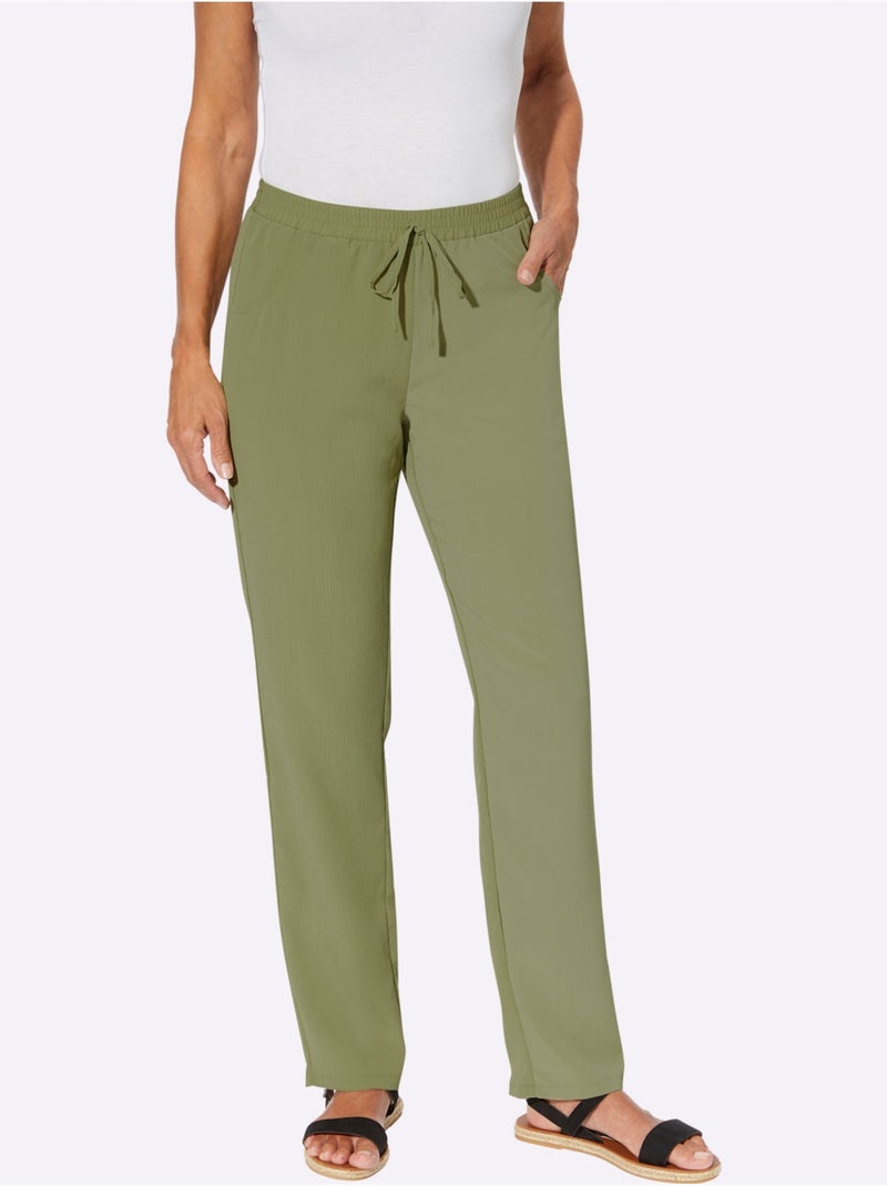 Pantalon léger à imprimé floral et uni avec ceinture élastique - Taille standard - Moda Vilona Blanc Vert - Kiabi
