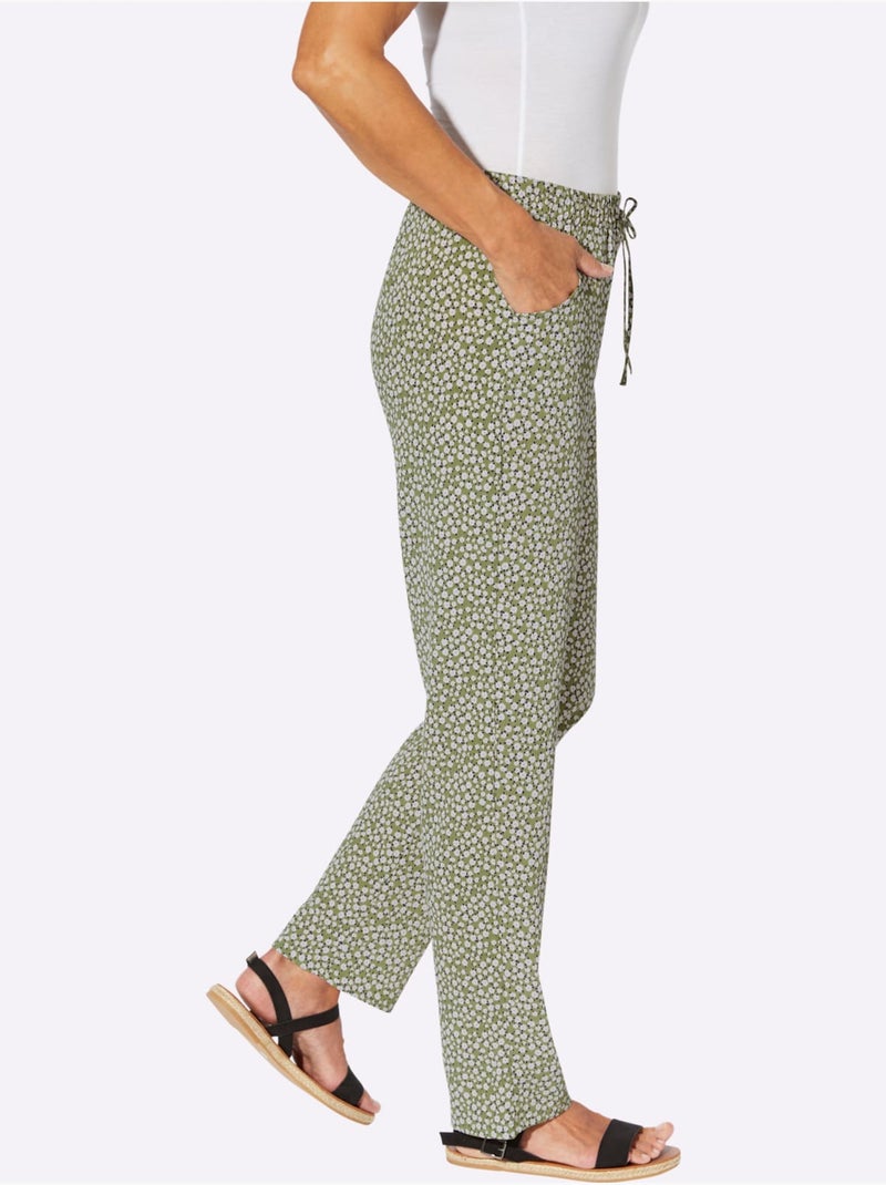 Pantalon léger à imprimé floral et uni avec ceinture élastique - Taille standard - Moda Vilona Blanc Vert - Kiabi