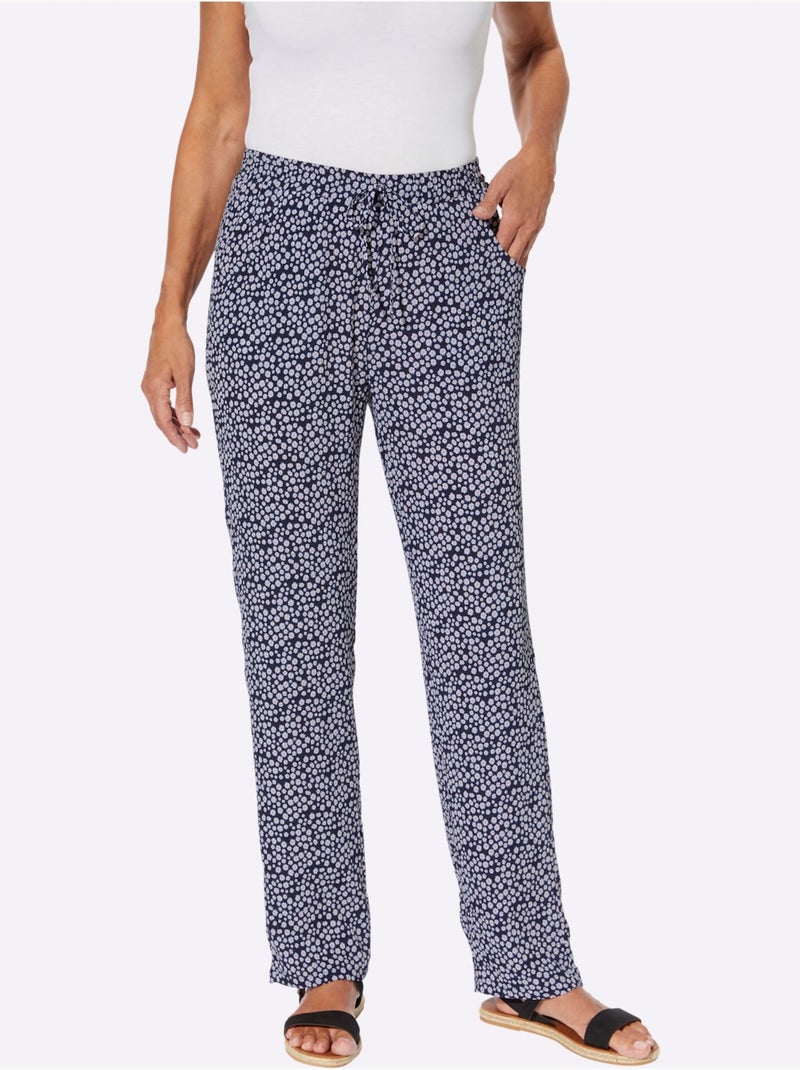 Pantalon léger à imprimé floral et uni avec ceinture élastique - taille standard - moda vilona Blanc/Marine - Kiabi