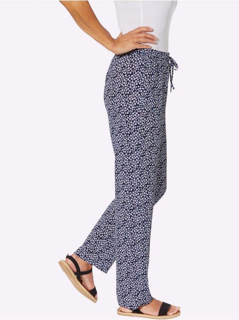 Pantalon léger à imprimé floral et uni avec ceinture élastique - taille standard - moda vilona Blanc/Marine - Kiabi
