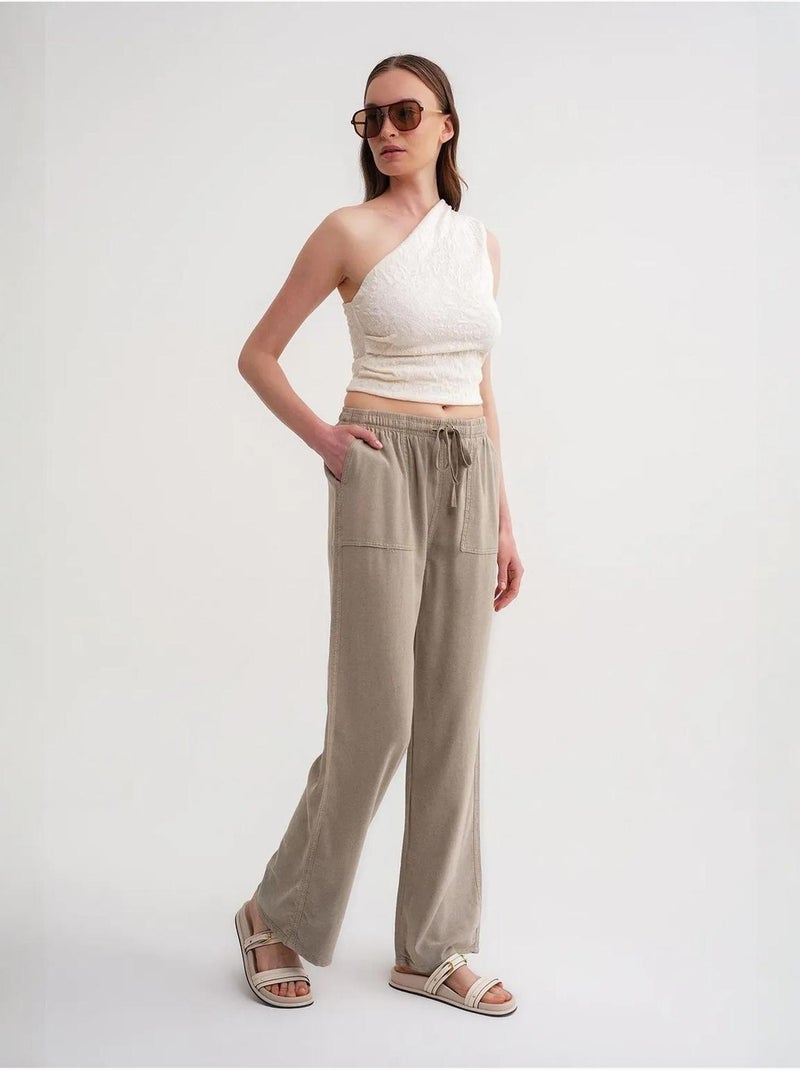 Pantalon long à taille élastique et jambe droite pour femme mixray Kaki - Kiabi