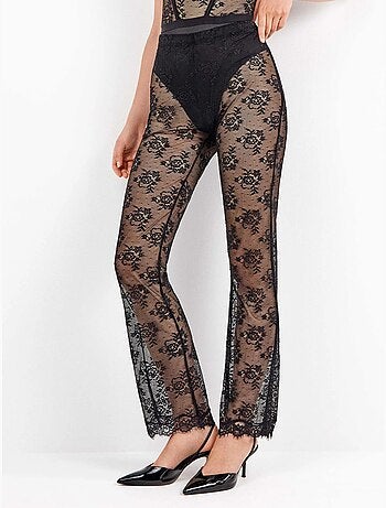 Pantalon long élastique en dentelle florale transparente et délicate