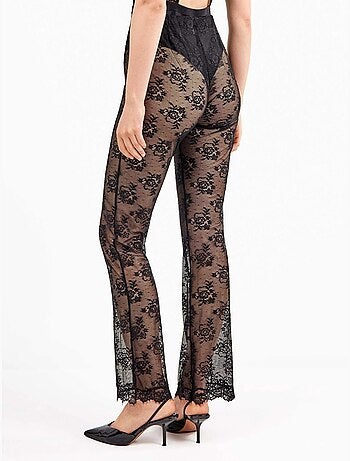 Pantalon long élastique en dentelle florale transparente et délicate