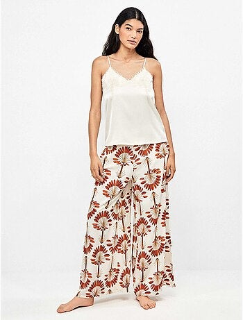 Pantalon long jambe large imprimé palmiers