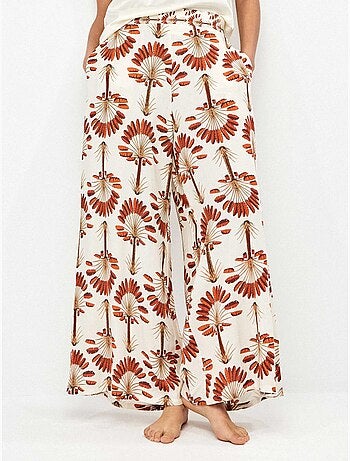 Pantalon long jambe large imprimé palmiers