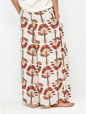 Pantalon long jambe large imprimé palmiers