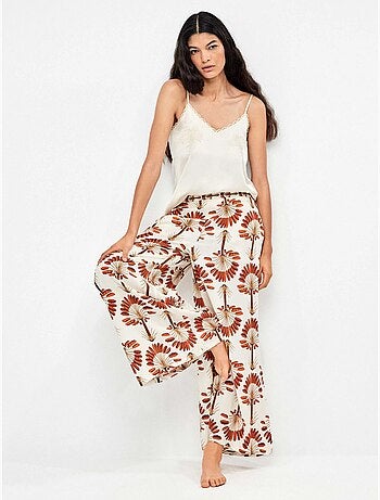 Pantalon long jambe large imprimé palmiers