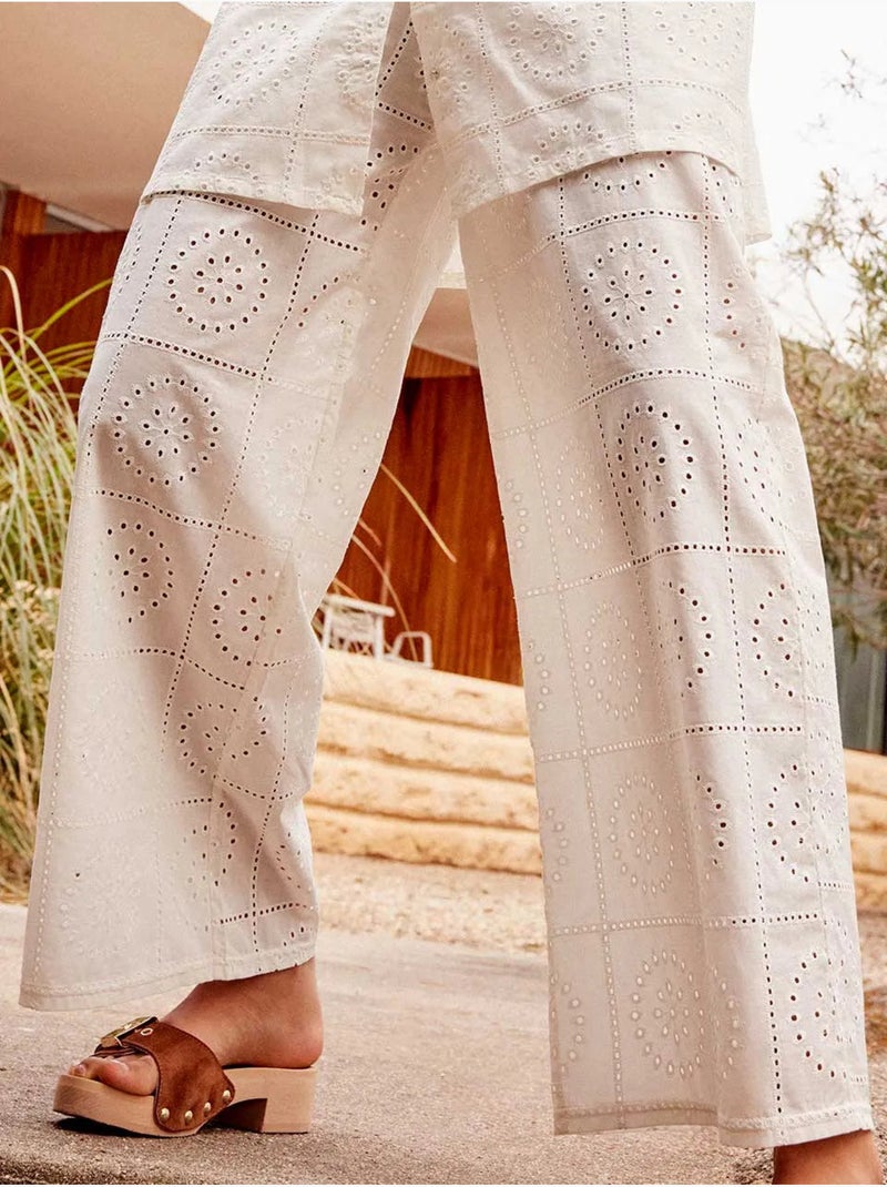 Pantalon long large en tissu brodé Ecru - Kiabi