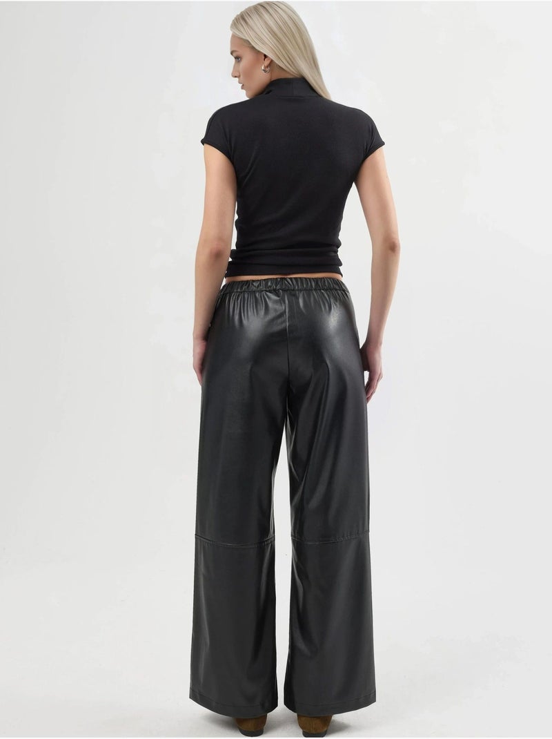 Pantalon long taille haute en similicuir avec cordon de serrage busem Noir - Kiabi