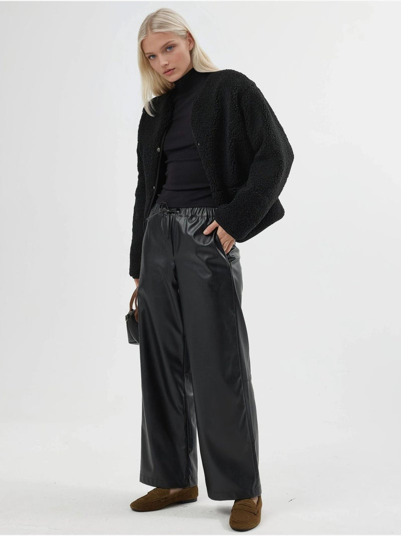Pantalon long taille haute en similicuir avec cordon de serrage busem Noir - Kiabi