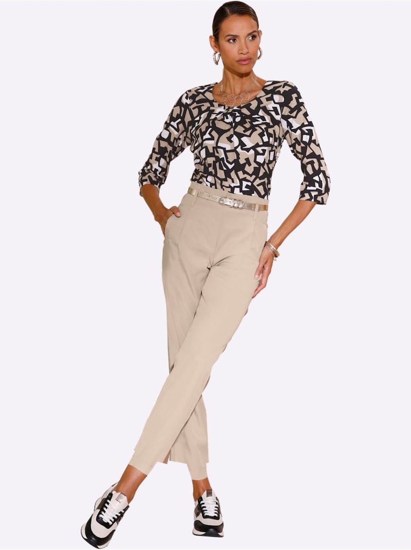 Pantalon lyocell uni avec plis et poches avant - Taille courte - Helline Beige - Kiabi