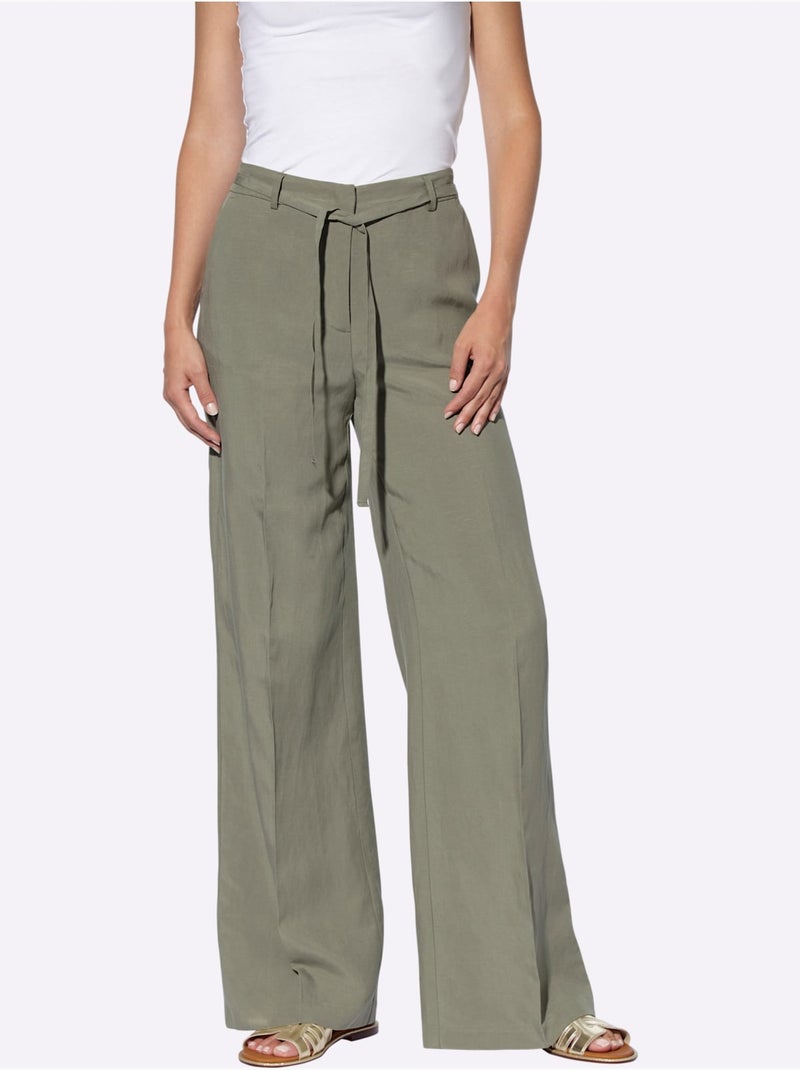 Pantalon Marlène en lin ample avec ceinture et poches - Taille standard - Helline Kaki - Kiabi