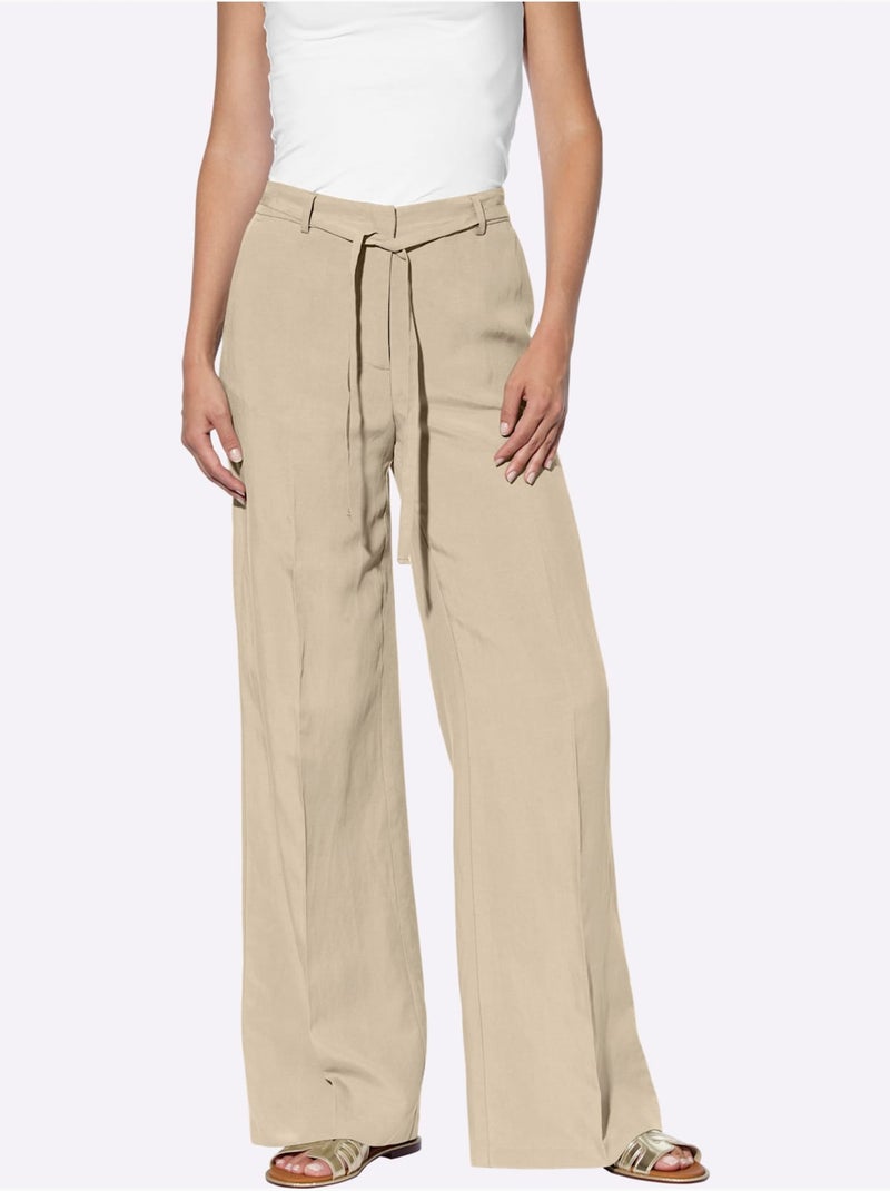 Pantalon Marlène en lin ample avec ceinture et poches - Taille standard - Helline Sable - Kiabi