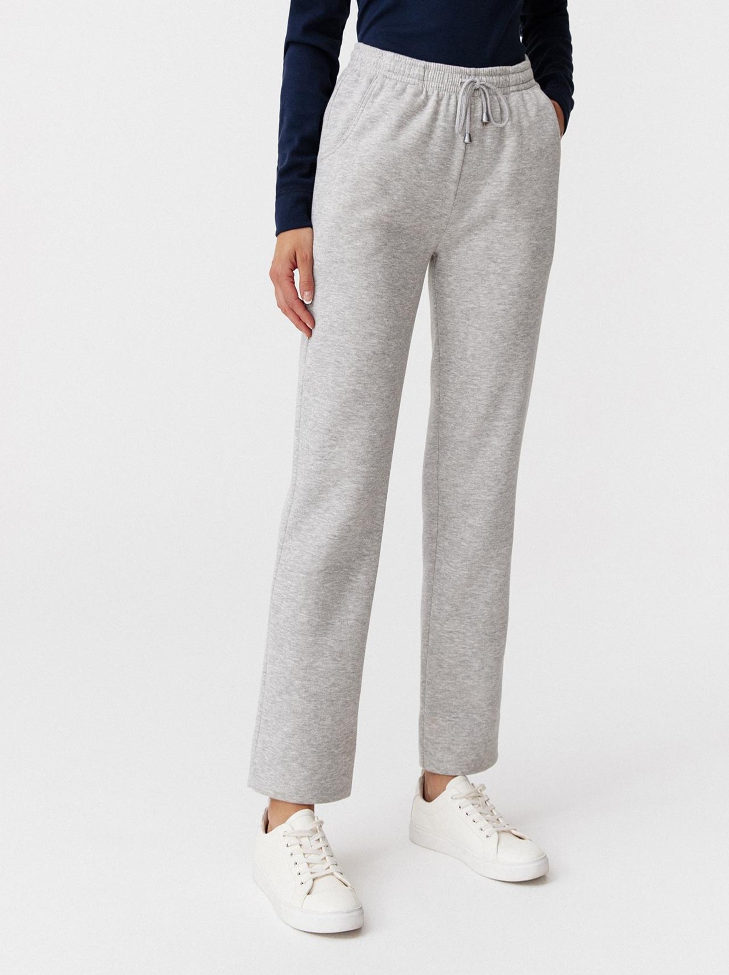 Pantalon Molleton Douillet Femme Damart - Coupe Ample, Gris Chiné, Ceinture Élastique Avec Cordon - 4