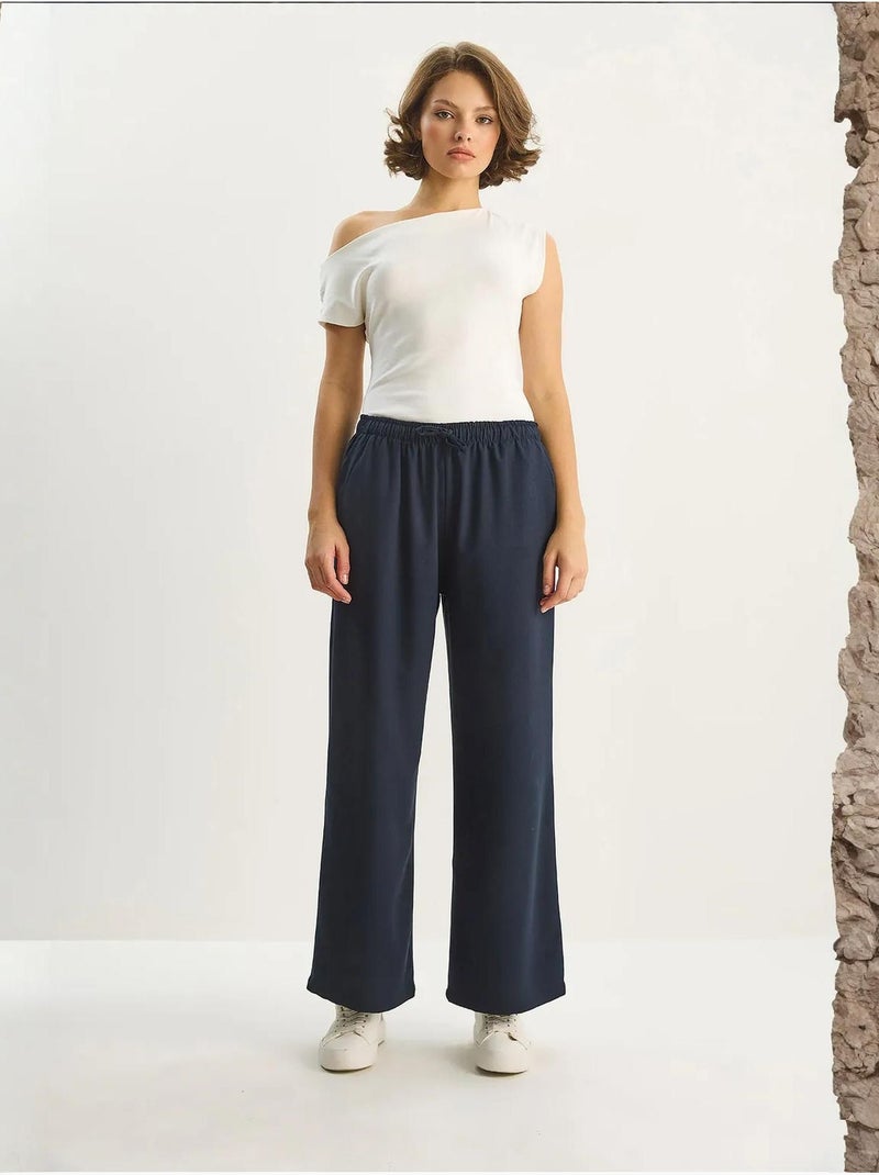 Pantalon palazzo à jambes larges et fermeture à nouer lucci Bleu marine - Kiabi