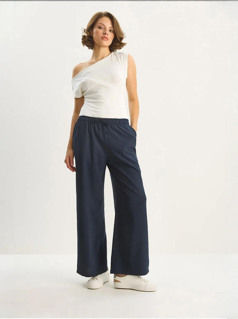 Pantalon palazzo à jambes larges et fermeture à nouer lucci Bleu marine - Kiabi