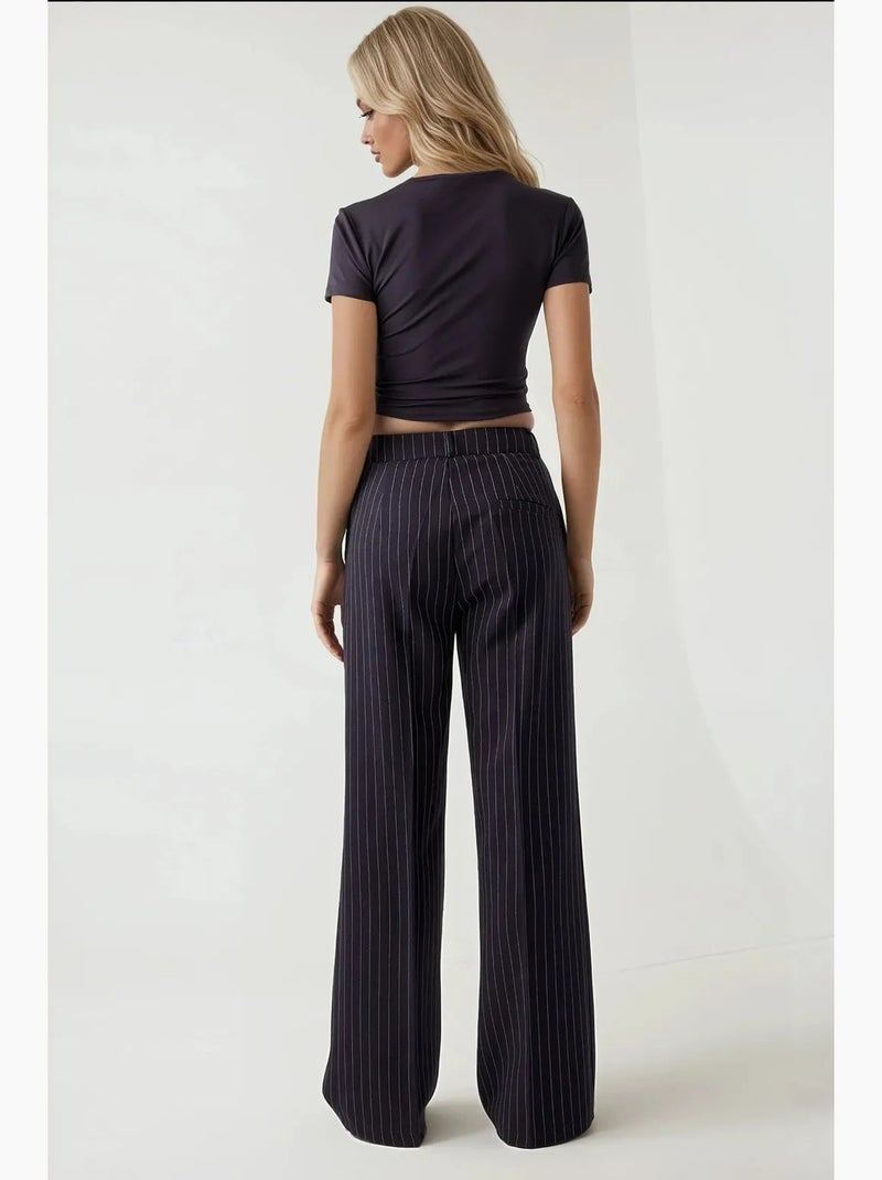 Pantalon palazzo à taille haute et jambes larges à rayures hiccup Bleu marine - Kiabi
