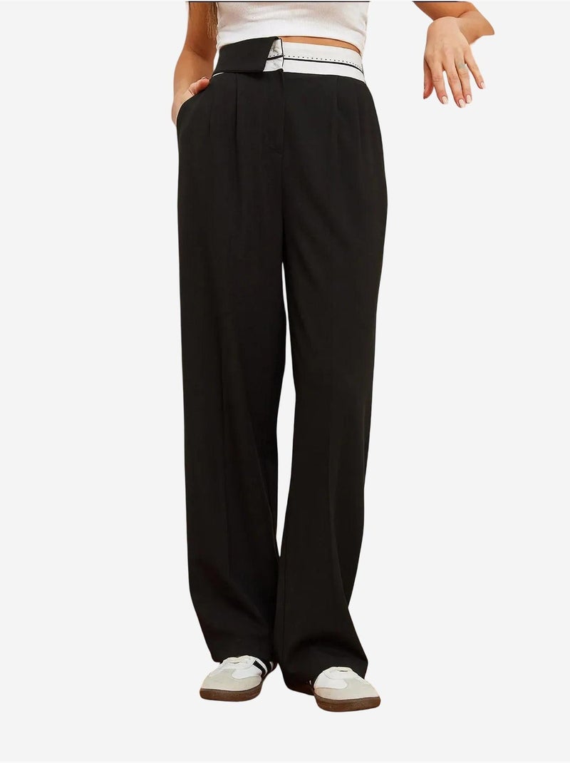 Pantalon palazzo boutonné à taille asymétrique et jambe large lucci Noir - Kiabi