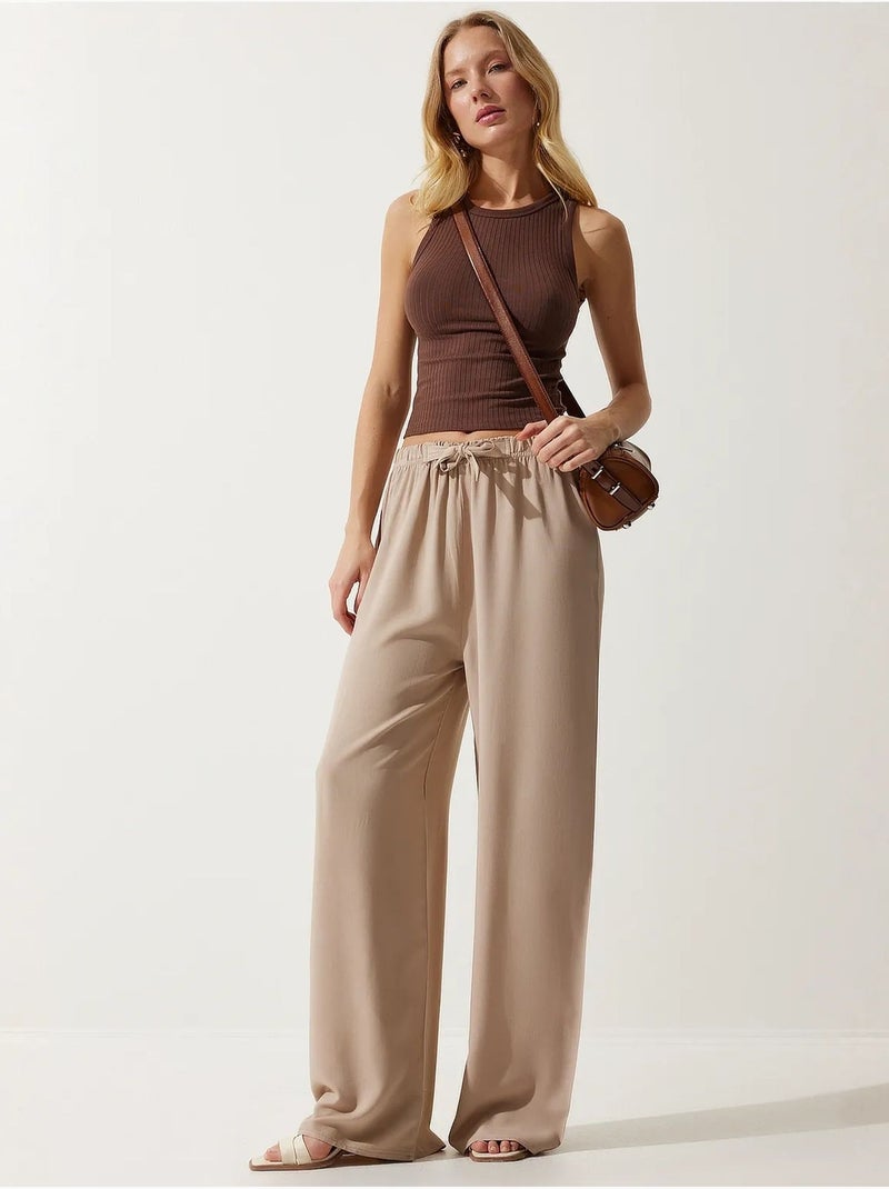 Pantalon palazzo en coton à taille coulissée istanbul Beige argile - Kiabi