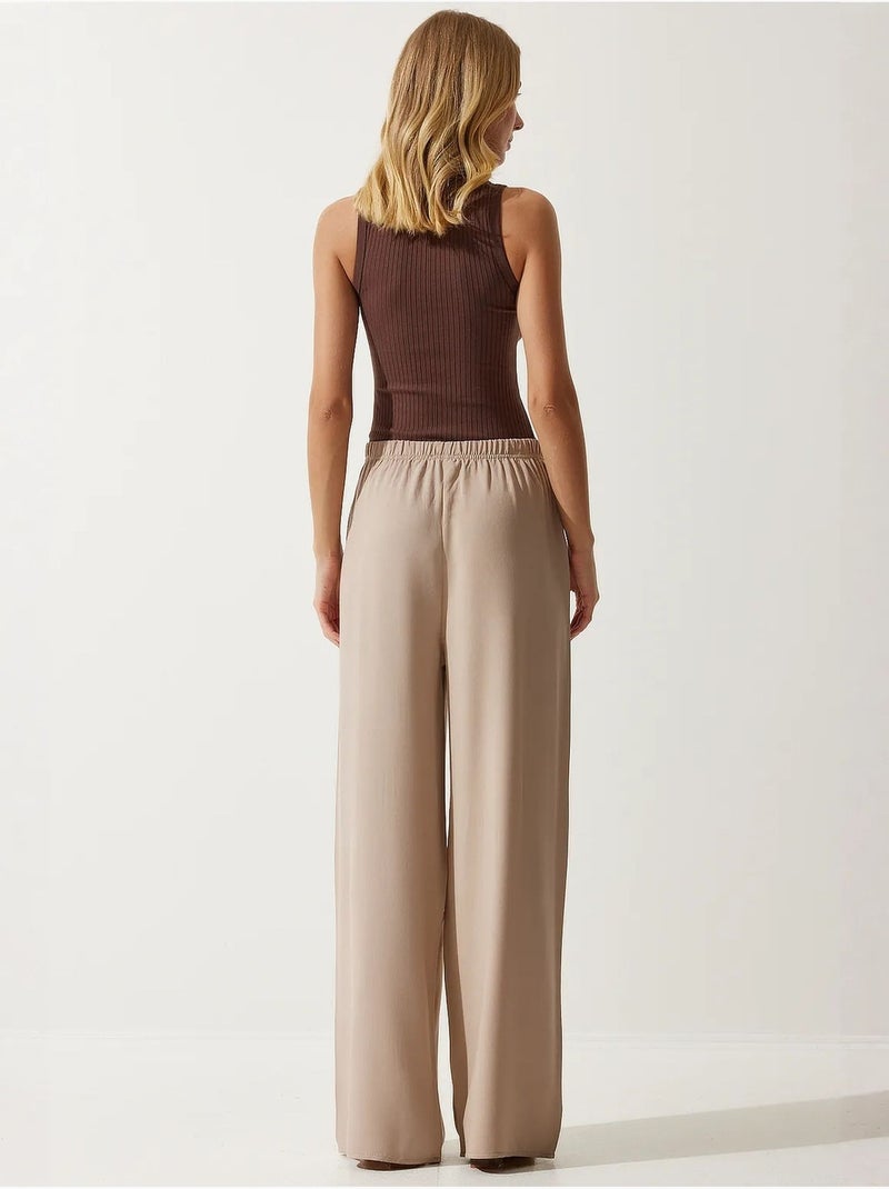 Pantalon palazzo en coton à taille coulissée istanbul Beige argile - Kiabi