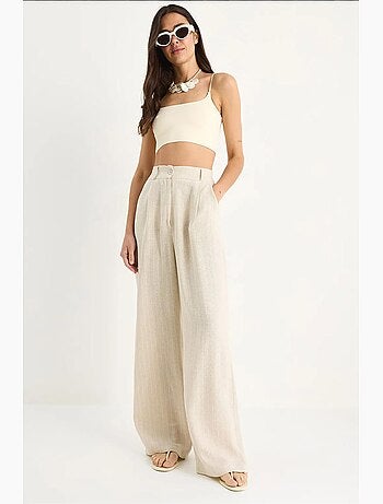 Pantalon palazzo en lin à fines rayures et poches lucci