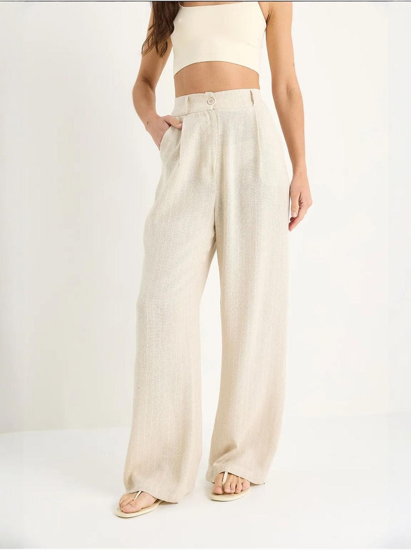 Pantalon palazzo en lin à fines rayures et poches lucci Beige argile - Kiabi