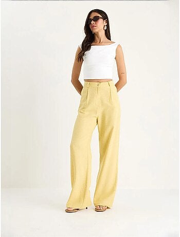 Pantalon palazzo en lin à taille haute et détails plissés bianco lucci