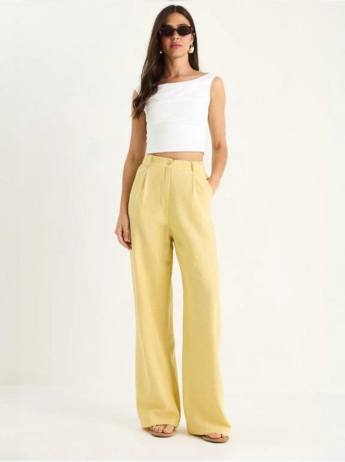 Pantalon palazzo en lin à taille haute et détails plissés bianco lucci - Kiabi