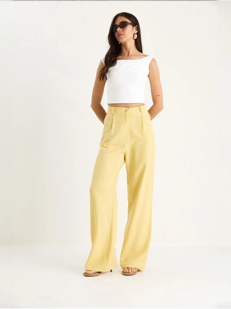 Pantalon palazzo en lin à taille haute et détails plissés bianco lucci Ambre - Kiabi